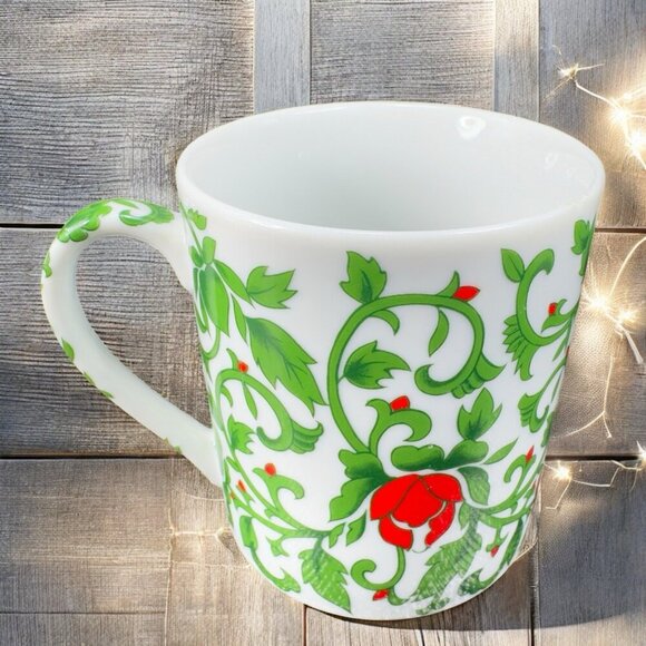 Williams Sonoma Ceramic Red Floral Green Vines Coffee Mug Cup Set 2 Mugs Cups - Picture 2 of 12